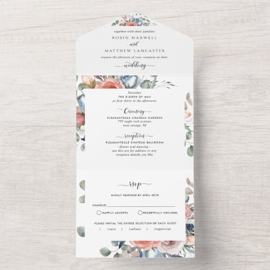 Foto, blaue Pfirsich und Blush Wedding und UAWG All In One Einladung (Innen Boden)