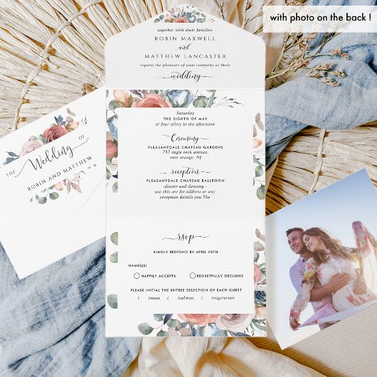 Foto, blaue Pfirsich und Blush Wedding und UAWG All In One Einladung