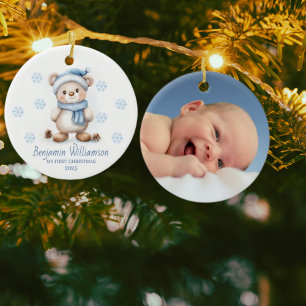 Foto Blaue Schneeflocken Bär Baby's 1. Weihnachten Keramik Ornament