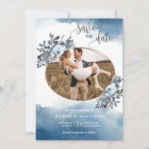 Foto, Blaue Wasserfarbe und blaue Foliage Save The Date