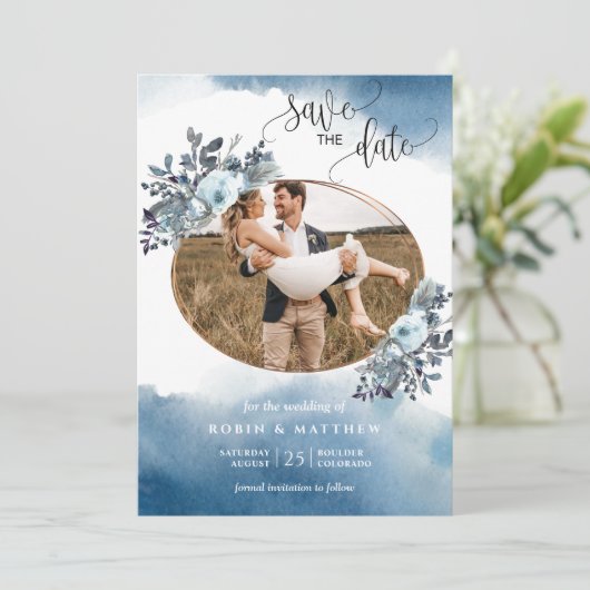 Foto, Blaue Wasserfarbe und blaue Foliage Save The Date (Stehend Vorderseite)