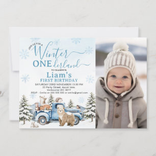 Foto Blaulastwagen Winter Onederland 1. Geburtstag Einladung