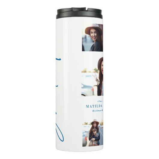 Foto Blue Abschluss Drehbuch modern elegant Thermosbecher (Rückseite)