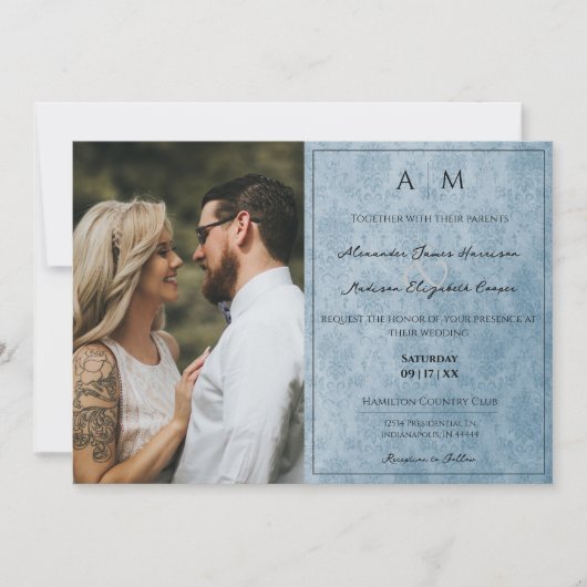 Foto Blue Damask Monogram Wedding Einladung (Vorderseite)