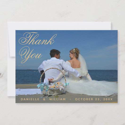 Foto Blue Gold Elegante Script Calligraphy Wedding Dankeskarte (Vorderseite)