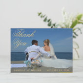 Foto Blue Gold Elegante Script Calligraphy Wedding Dankeskarte (Stehend Vorderseite)
