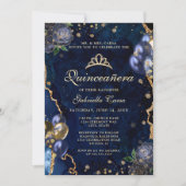 Foto Blue Gold Floral Agate Quinceanera Einladung (Vorderseite)