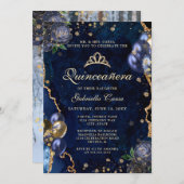 Foto Blue Gold Floral Agate Quinceanera Einladung (Vorne/Hinten)
