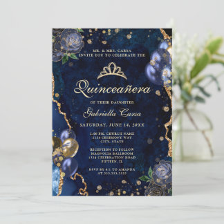 Foto Blue Gold Floral Agate Quinceanera Einladung