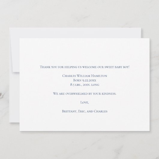 Foto Blue Handwriting Baby Dusche Vielen Dank Dankeskarte (Rückseite)