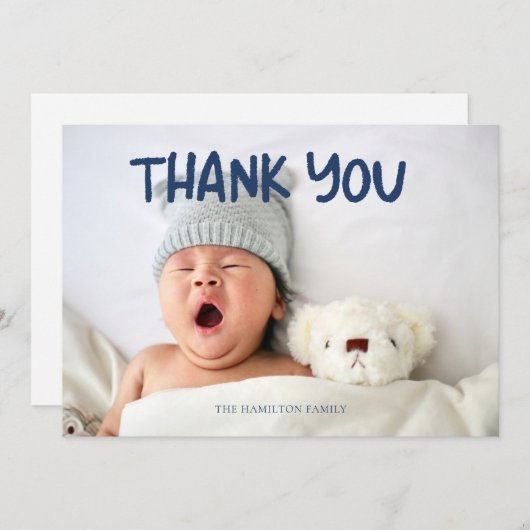 Foto Blue Handwriting Baby Dusche Vielen Dank Dankeskarte (Vorne/Hinten)