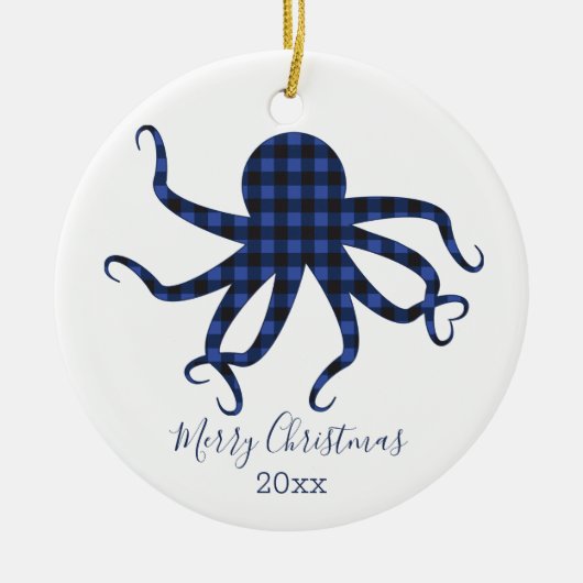 Foto Blue Kariert Octopus Weihnachten Keramik Ornament (Vorne)