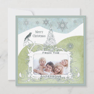 Foto Blue Snowflake Weihnachtsbaum Niedlicher Voge Feiertagskarte