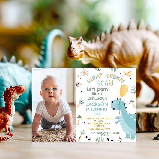 Foto Blue Stomp Chomp Roar Dinosaur 1. Geburtstag Einladung