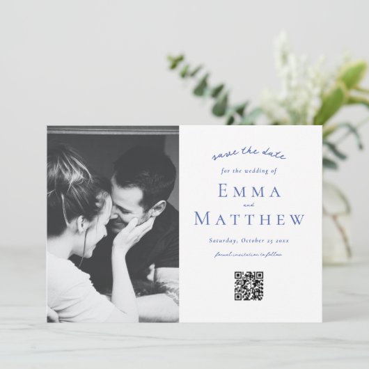 Foto Blue Tile Pattern mit QR Save The Date (Stehend Vorderseite)