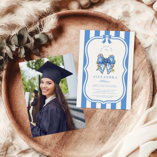 Foto Blue Toile Bow Coquette Nursing School Gradu Einladung