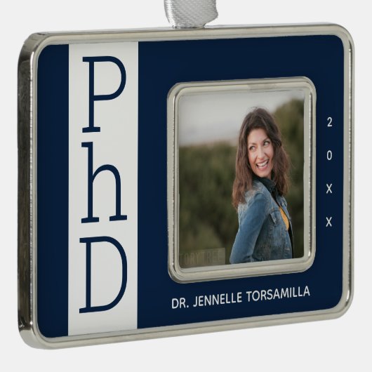 Foto Blue White PhD Abschluss Weihnachtsschmuck Rahmen-Ornament Silber (Rechts)