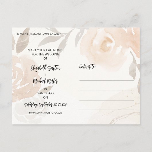 Foto-Blumenhochzeit speichert das Datum Ankündigungspostkarte (Rückseite)