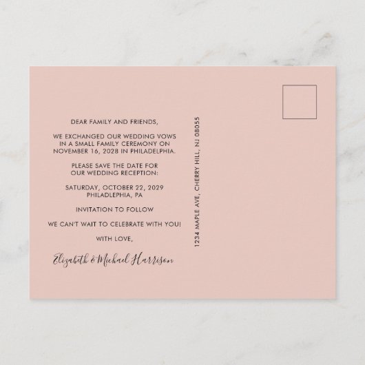Foto Blush Pink Hochzeitsempfang Save the Date Ankündigungspostkarte (Rückseite)