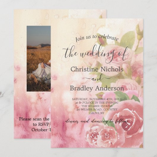 Foto Blush Rose Botanischer QR Code Hochzeit Einladung (Vorne/Hinten)