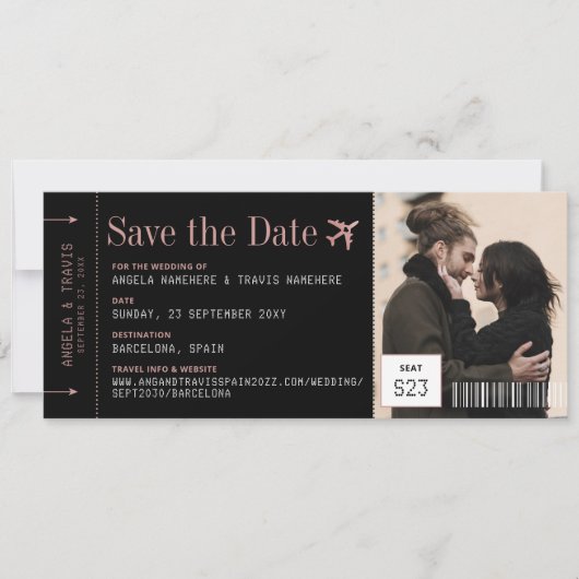 Foto Boarding Pass Ticket Save the Date Rosa (Vorderseite)