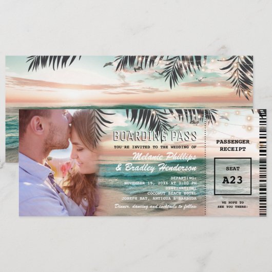 Foto Boarding Pass Tropical Beach Hochzeit Einladung (Vorne/Hinten)