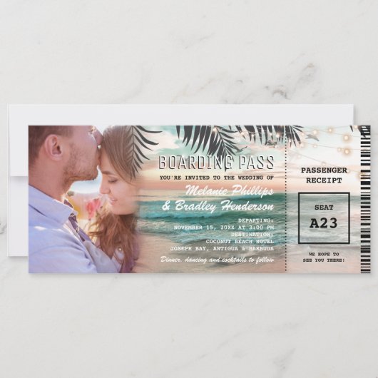 Foto Boarding Pass Tropical Beach Hochzeit Einladung (Vorderseite)
