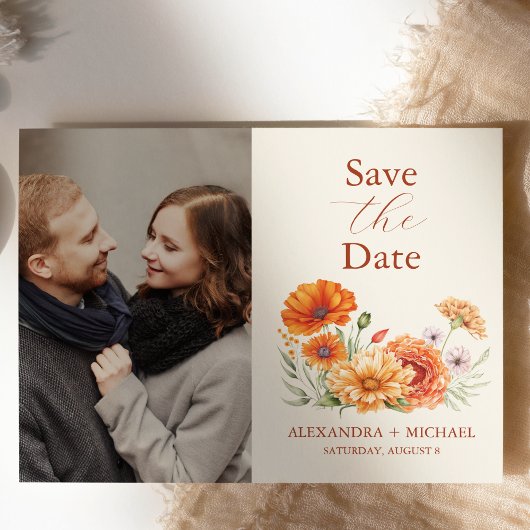 Foto Bohemisch Chic Floral Terracotta Hochzeit Save The Date
