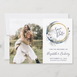 Foto Boho Blue Floral Moon Frame Save the Date Einladung
