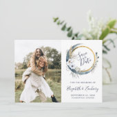Foto Boho Blue Floral Moon Frame Save the Date Einladung (Stehend Vorderseite)