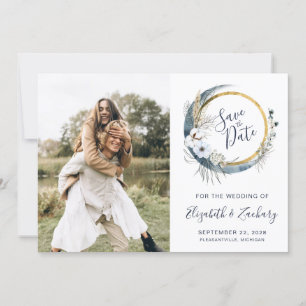 Foto Boho Blue Floral Moon Frame Save the Date Einladung