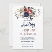 Foto Boho Burgundy Navy Mauve Floral Wedding Einladung (Vorderseite)