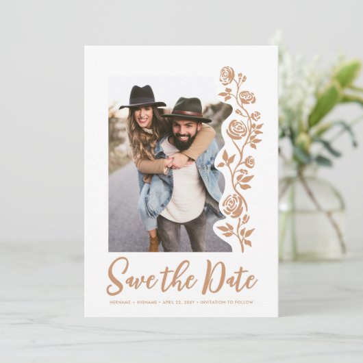 Foto Boho Earthy Hand Drawing Rose QR-Code Website Save The Date (Stehend Vorderseite)