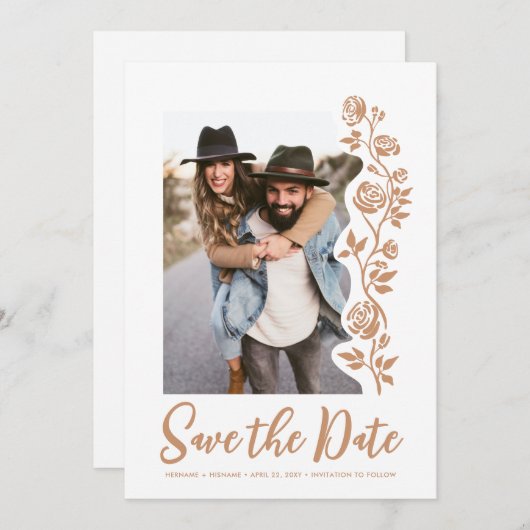 Foto Boho Earthy Hand Drawing Rose QR-Code Website Save The Date (Vorne/Hinten)