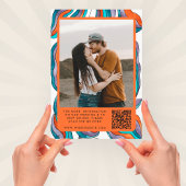 Foto Boho Groovy Retro Blue QR Code Wavy Wedding Einladung