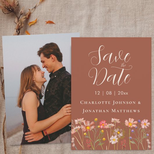 Foto Boho Herbst Wildblumen Terrakotta Hochzeit Save The Date