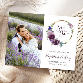 Foto Boho Lila Blumengoldrahmen Save the Date Postkarte