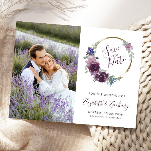 Foto Boho Lila Blumengoldrahmen Save the Date Postkarte