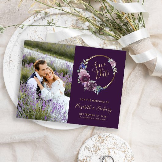 Foto Boho Lila Floral Gold Blank Save the Date Postkarte