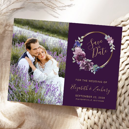 Foto Boho Lila Floral Gold Blank Save the Date Postkarte
