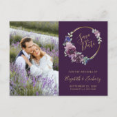 Foto Boho Lila Floral Gold Blank Save the Date Postkarte (Vorderseite)