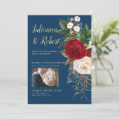 Foto Boho Navy Blue und Burgund Floral Einladung (Stehend Vorderseite)