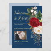 Foto Boho Navy Blue und Burgund Floral Einladung (Vorne/Hinten)