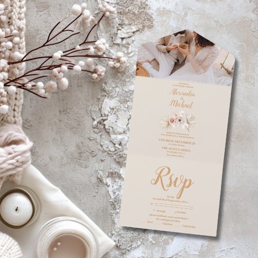 Foto Boho Pampass Grass Floral Wedding Rett All In One Einladung