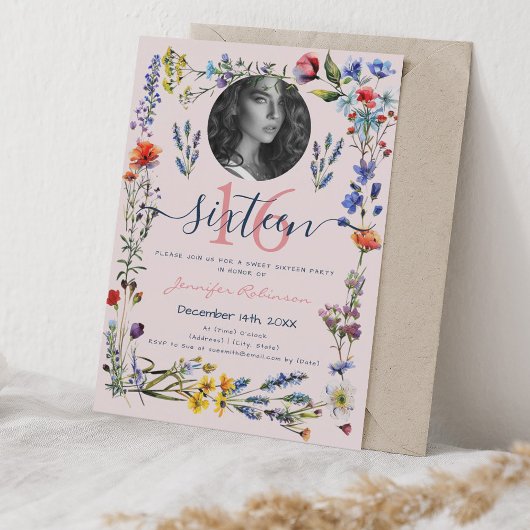 FOTO Boho Pressed Wildblumen Sweet 16 Blush Einladung