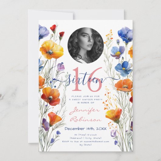 FOTO Boho Wasserfarbe Wildblumen Sweet 16 Party Einladung (Vorderseite)