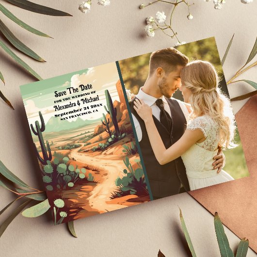 Foto Boho Wüste Cactus Illustriert Wedding Save The Date