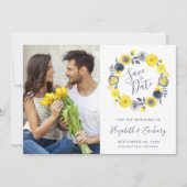 Foto Boho Yellow Grey Floral Wreath Save the Date Einladung (Vorderseite)
