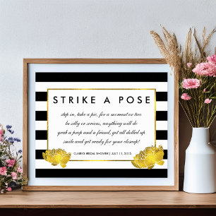 Foto Booth Poster Sign Black Strip & Gold Peony