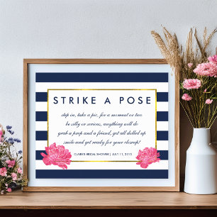 Foto Booth Poster Sign   Navy Strip & Pink Peony